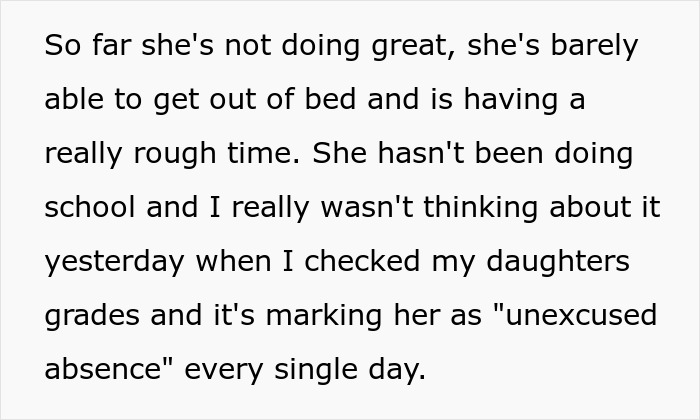 Screenshot of text, mom blasts school for marking 11yo chemotherapy patient with unexcused absences, risking repeating grade. Screenshot of text, mom blasts school for marking 11yo chemotherapy patient with unexcused absences, risking repeating grade.
