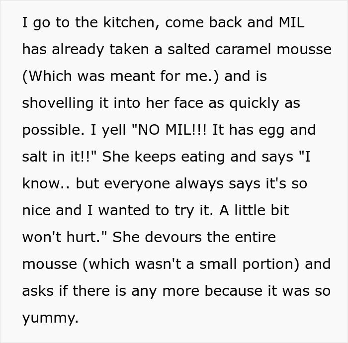 MIL Devours Mousse That DIL Made With Eggs And Salt, Shocked DIL Learns Her Allergies Were A Lie MIL Devours Mousse That DIL Made With Eggs And Salt, Shocked DIL Learns Her Allergies Were A Lie