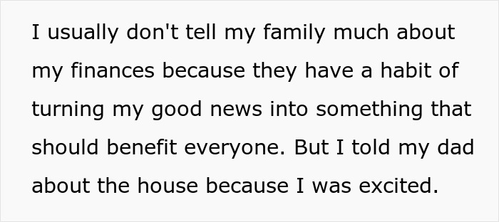 Screenshot of text about sharing news of her own home purchase with her dad.