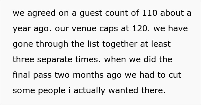 Text discussing wedding guest count and venue capacity limits