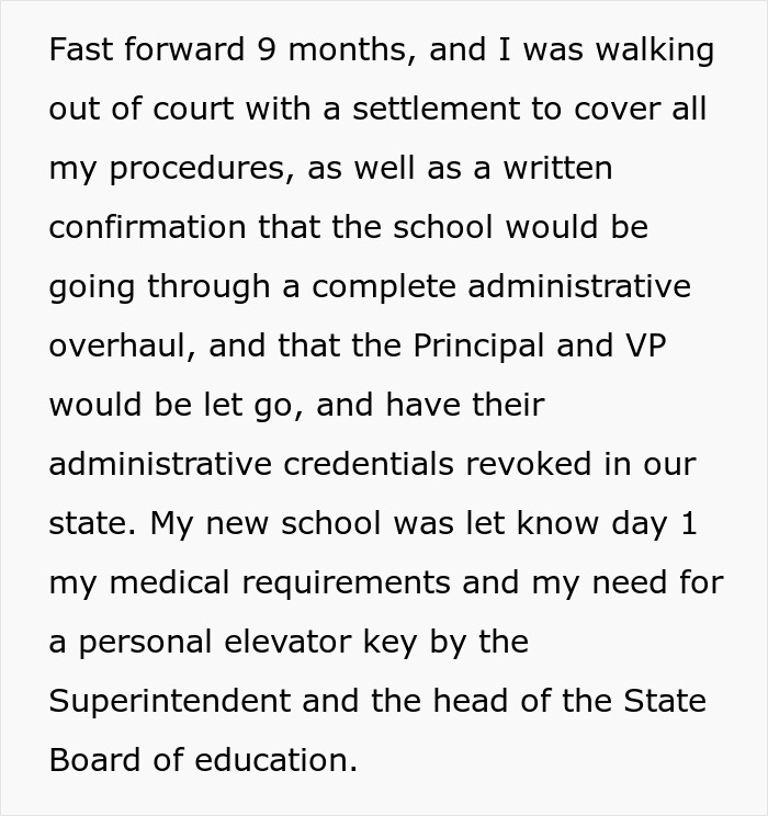 Text detailing a school settlement, administrative overhaul, and a disabled teen receiving an elevator key.