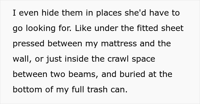 Text detailing a teen hiding items from a religious mom's snooping in various spots like under a mattress or in a trash can.