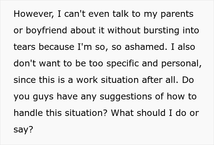 A woman is too ashamed to talk to her family about her work situation, seeking suggestions for her job being on the line.