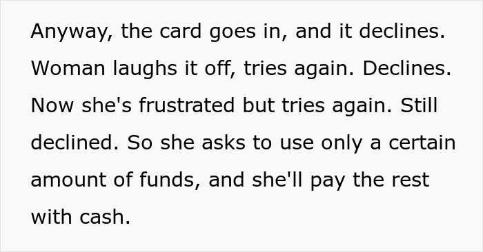 Screenshot of text where a Walmart shopper's card declines multiple times at checkout. Walmart shoppers. Screenshot of text where a Walmart shopper's card declines multiple times at checkout. Walmart shoppers.