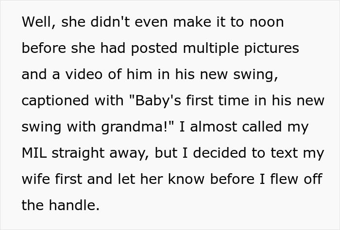 Text post about MIL posting baby in swing on social media without approval