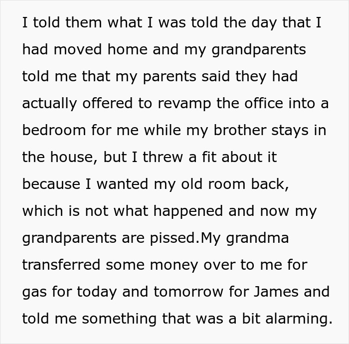 Text about 18YO parents turning hostile, explaining the brother and room situation to grandparents, making them upset. Text about 18YO parents turning hostile, explaining the brother and room situation to grandparents, making them upset.