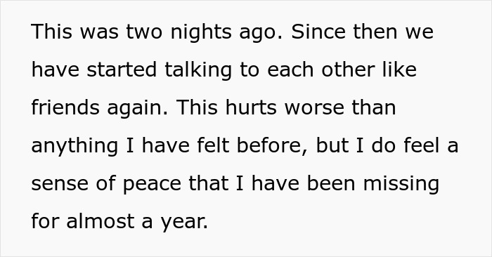 Text about finding peace after separation, despite the pain, following a regretted open marriage. Text about finding peace after separation, despite the pain, following a regretted open marriage.
