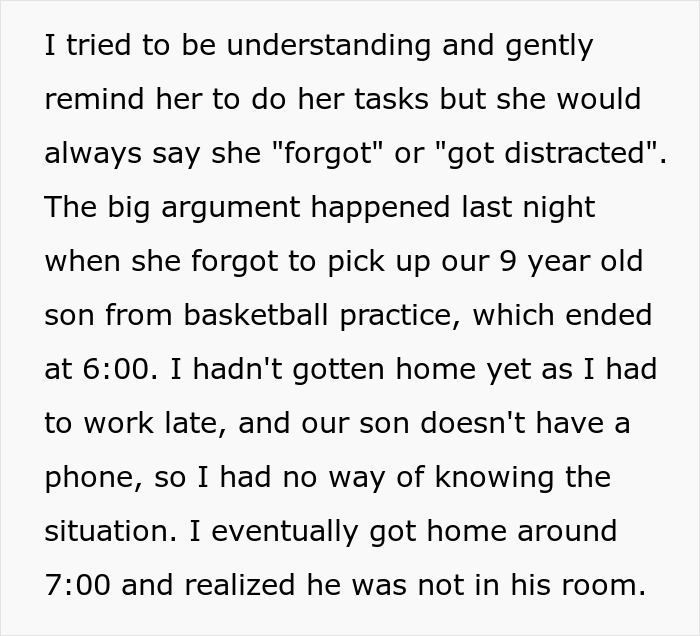 Text detailing how a woman's gaming problem led to her forgetting to pick up her son from basketball.