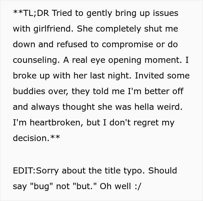 A screenshot of text explaining a breakup in a picky eater girlfriend relationship. A screenshot of text explaining a breakup in a picky eater girlfriend relationship.