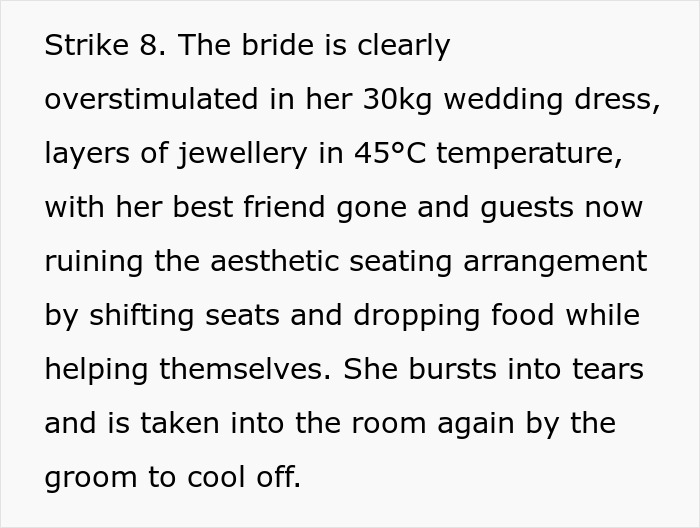 Text about bride overwhelmed in wedding dress and breaking down in tears