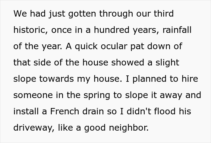 Text about planning to install French drain to prevent flooding on property Text about planning to install French drain to prevent flooding on property