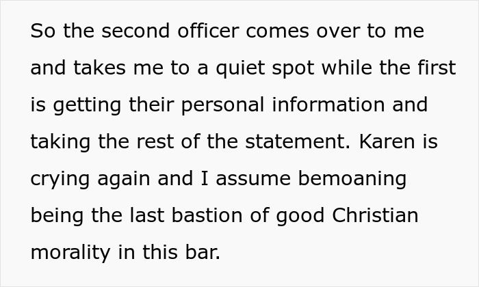 A screenshot showing text describing a religious fanatic crying about a pregnant woman working in a pub.