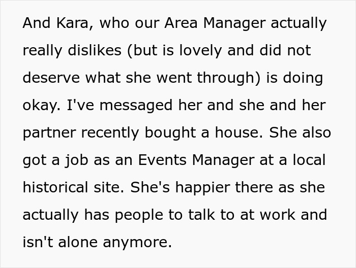 Text about Kara finding a new job and being happier after a guy was unjustly fired from the company.