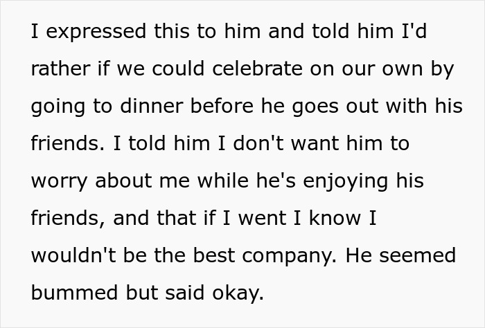 Screenshot of text where an introverted GF suggests an alternative celebration to a bar crawl for her boyfriend's birthday. Screenshot of text where an introverted GF suggests an alternative celebration to a bar crawl for her boyfriend's birthday.