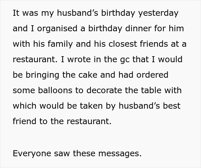 Text explaining birthday dinner plans and cake arrangements for husband's birthday
