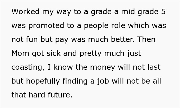 Text about job promotion and concerns about money after mother's illness Text about job promotion and concerns about money after mother's illness