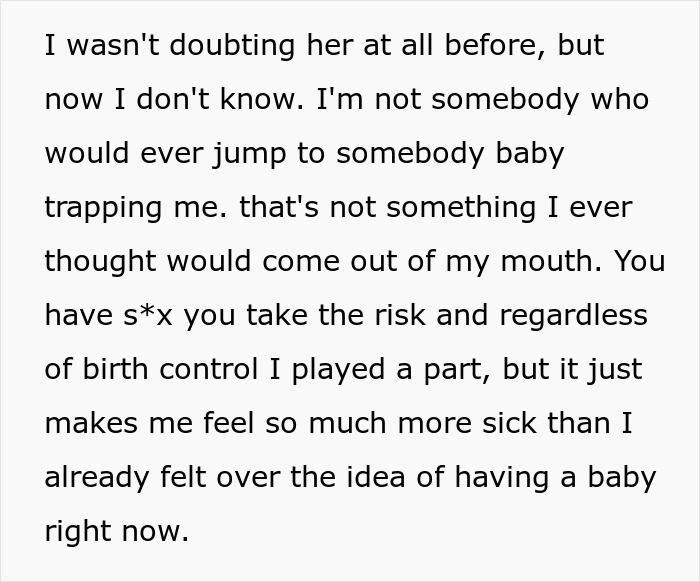 Text about feeling sick over idea of having a baby and birth control risks