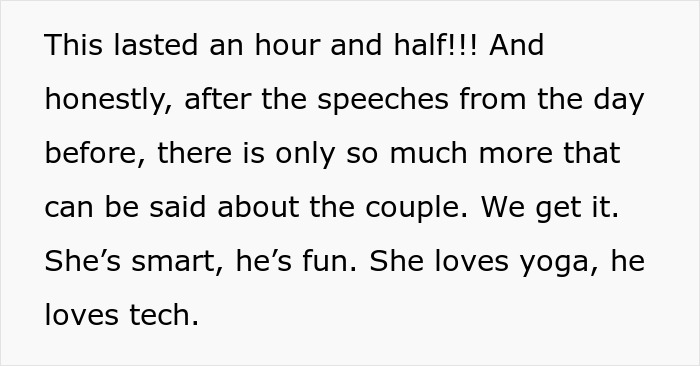 Wedding speech complains about boring long speeches and couple details Wedding speech complains about boring long speeches and couple details