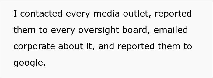 Text about contacting media outlets, oversight boards, corporate, and Google regarding restaurant scam