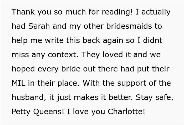 The bride thanks readers and bridesmaids for support in putting the MIL in her place at the wedding.