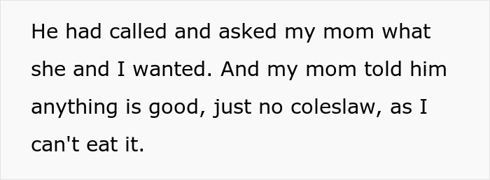 Text describing the mom's boyfriend asking about food and a kid's food issue with coleslaw.