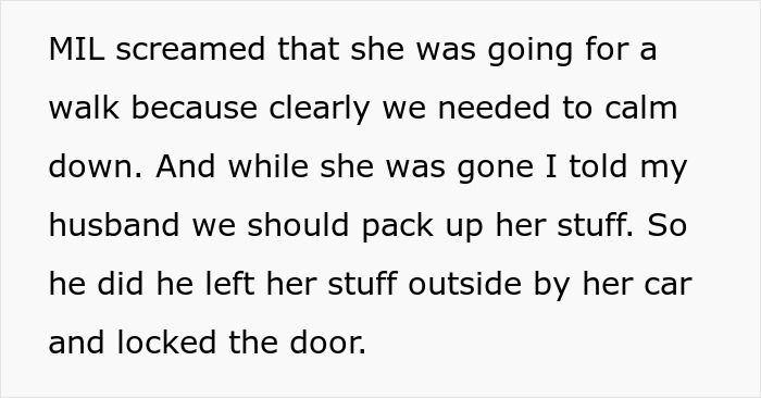 Pregnant woman starts contractions; husband packs MIL's stuff outside. MIL refuses to leave during contractions.