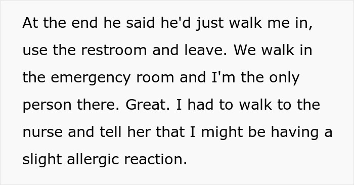 A person walking into an emergency room and telling a nurse about a faked allergy.