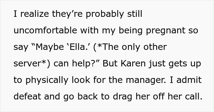 Text detailing the discomfort regarding a pregnant woman working and the search for a manager at the pub.