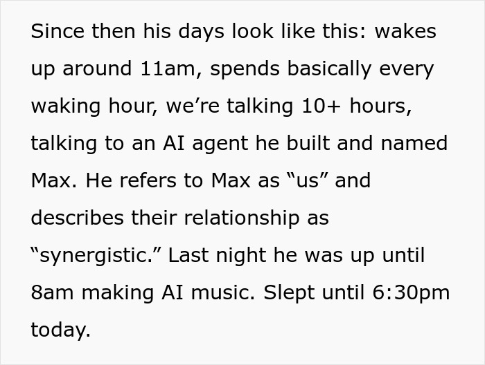 Description of husband's AI echo chamber lifestyle and disrupted daily routine Description of husband's AI echo chamber lifestyle and disrupted daily routine