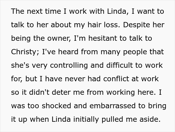 A woman plans to discuss her hair loss with a colleague, hesitant about a controlling boss, as her job might be on the line.