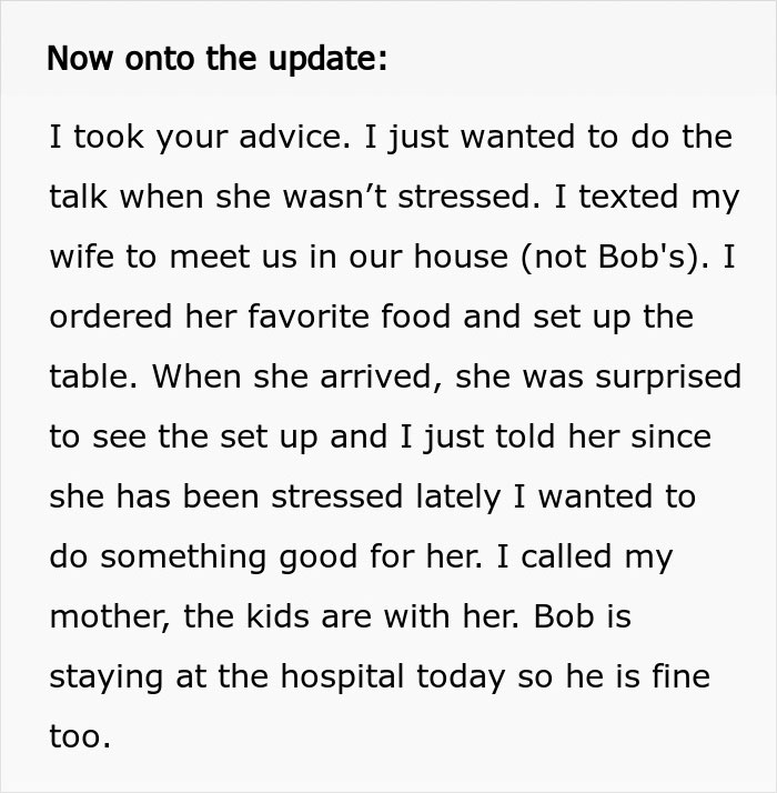 A screenshot discussing an update after a husband's accident, about meeting an ex-wife.