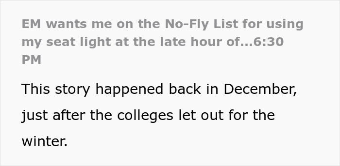 Text excerpt about no-fly list and seat light incident on flight Text excerpt about no-fly list and seat light incident on flight