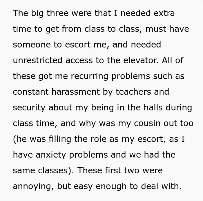 Screenshot of text discussing a disabled teen's recurring problems and harassment regarding elevator access at school.