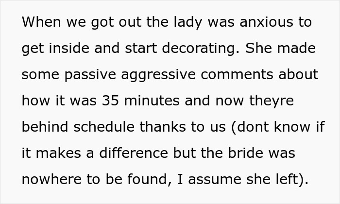 Woman anxious to decorate for wedding at memorial service causes delay and passive aggressive remarks Woman anxious to decorate for wedding at memorial service causes delay and passive aggressive remarks