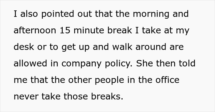 A screenshot of text about an ableist Karen lecturing a coworker about company break policy.