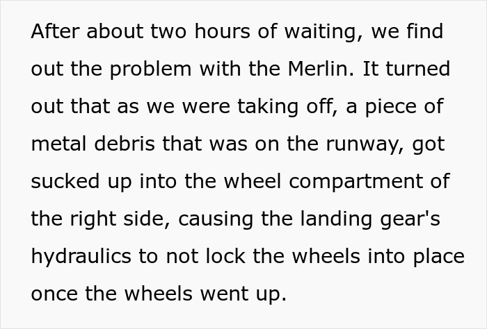 Text explaining landing gear hydraulics problem on Merlin plane Text explaining landing gear hydraulics problem on Merlin plane