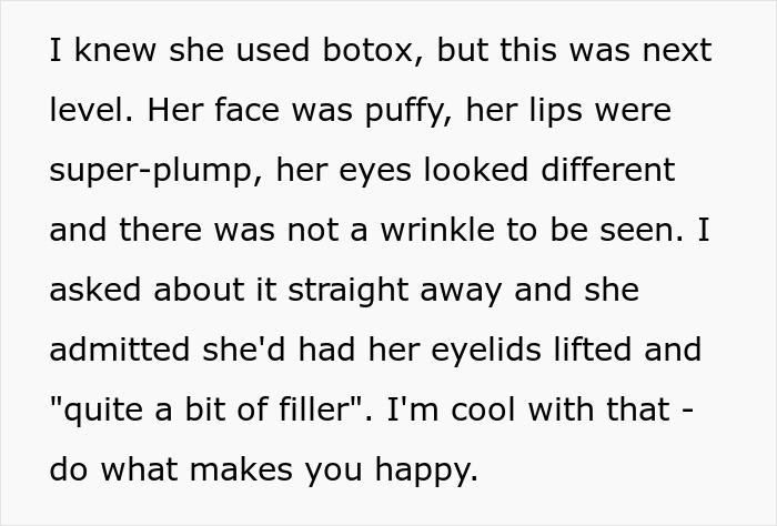 Text describing a woman with botox, fillers, lifted eyelids, and plump lips looking different Text describing a woman with botox, fillers, lifted eyelids, and plump lips looking different
