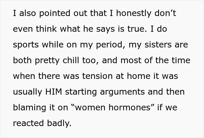 Text discussing a teen calling out dad's double standard, women's periods, and women hormones. Text discussing a teen calling out dad's double standard, women's periods, and women hormones.