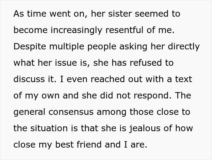 Text describing jealousy and conflict involving MOH and bride's sister