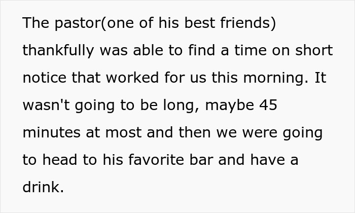 Text describing pastor arranging a short funeral service and post-ceremony plans Text describing pastor arranging a short funeral service and post-ceremony plans