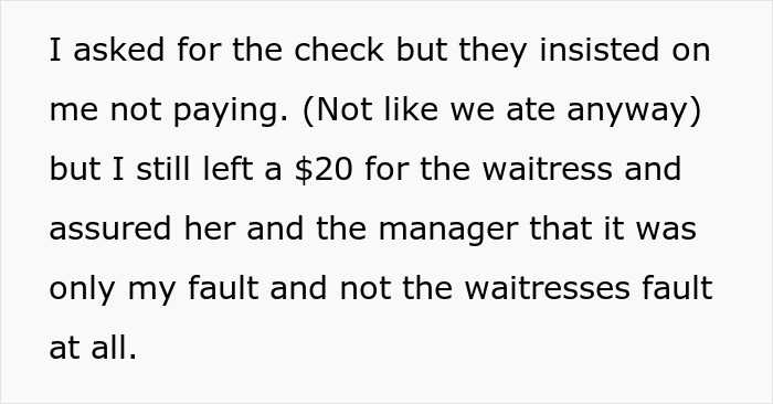Text about not paying at a restaurant after a lie about an allergy, but leaving a tip.