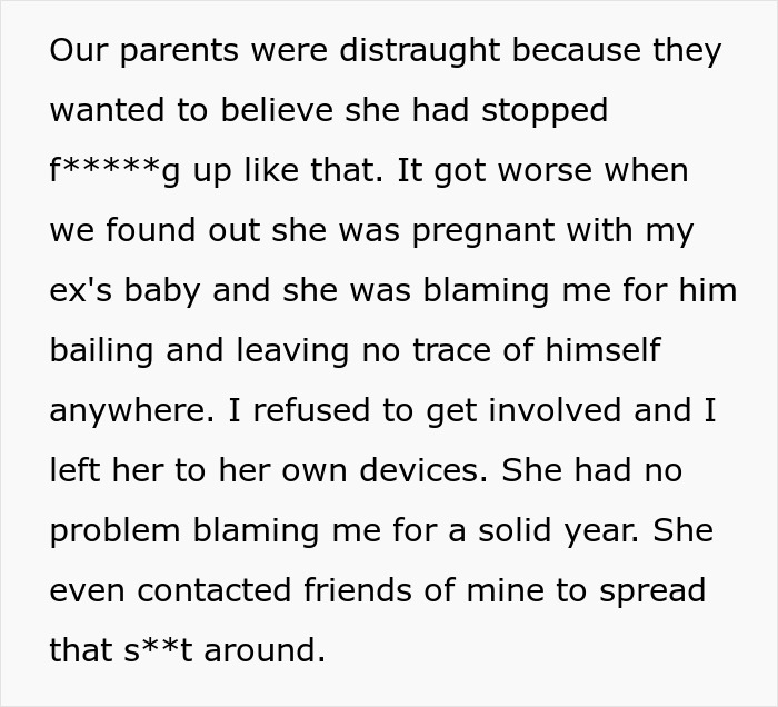 Text describing parents' distress over sister's pregnancy and family blame conflict