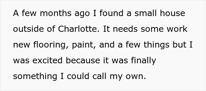 Screenshot of text about finding a small house that needs work, becoming her own abode.