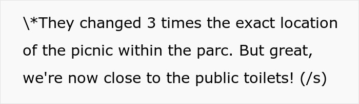 Text about multiple location changes for a wedding picnic near public toilets Text about multiple location changes for a wedding picnic near public toilets