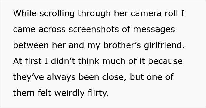 Text describing discovery of flirty messages between sister and brother's girlfriend