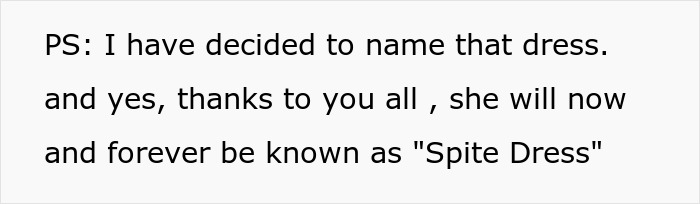 Text naming the dress as Spite Dress and thanking readers