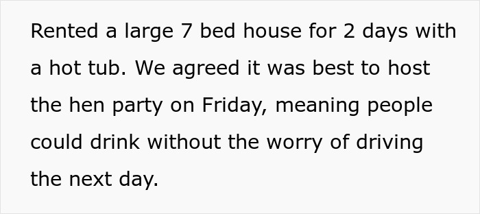 A screenshot of text describing renting a 7-bed house with a hot tub for a bachelorette party. A screenshot of text describing renting a 7-bed house with a hot tub for a bachelorette party.