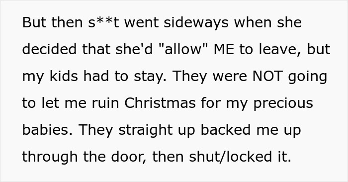 Text about narcissistic MIL not allowing DIL to leave with kids, locking door during Christmas Text about narcissistic MIL not allowing DIL to leave with kids, locking door during Christmas