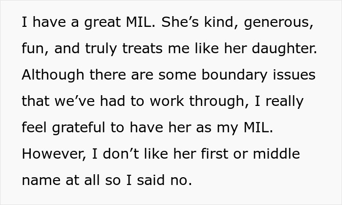 Text describing a wife's appreciation for her MIL but her refusal to honor her with a name due to personal dislike.