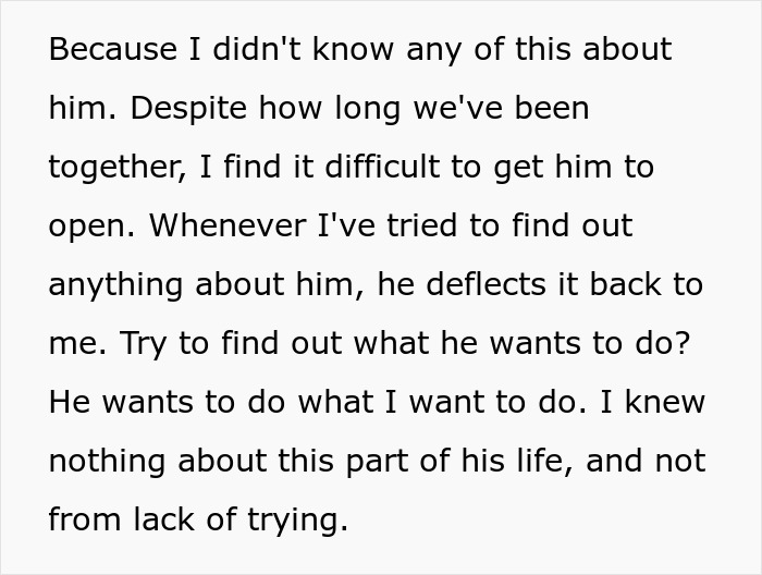 Text explaining a man's difficulty getting his husband to open up, uncovering a double life.